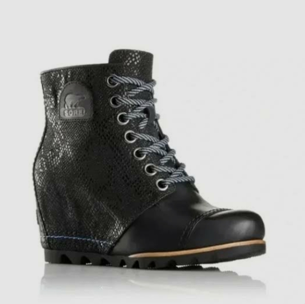 Sorel Black Lace-Up Wedge Ankle Booties